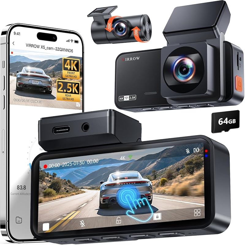 4K Dual Dash Cam with Touch Screen, WiFi, Parking Mode, Night Vision, 