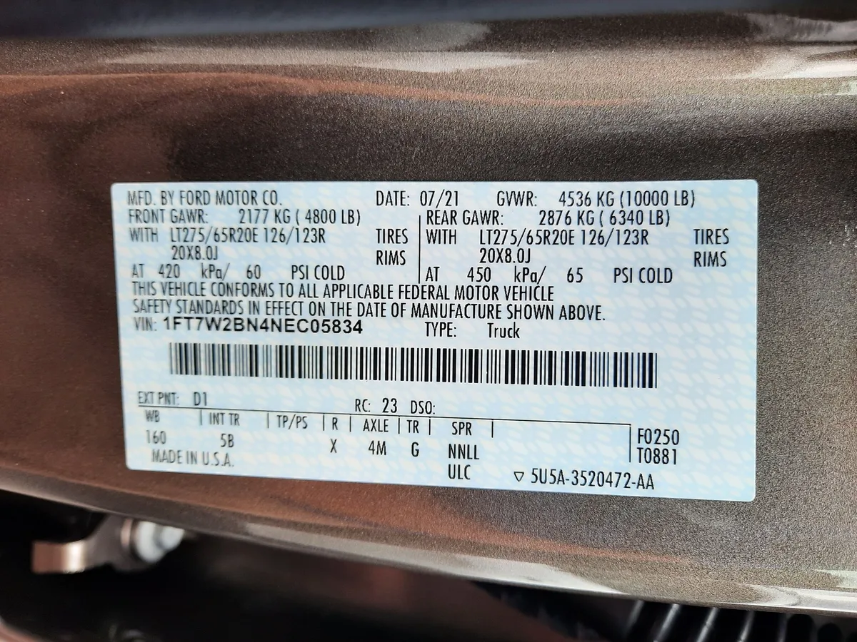 Ford F-250 door jamb sticker with axle ratio and GVWR